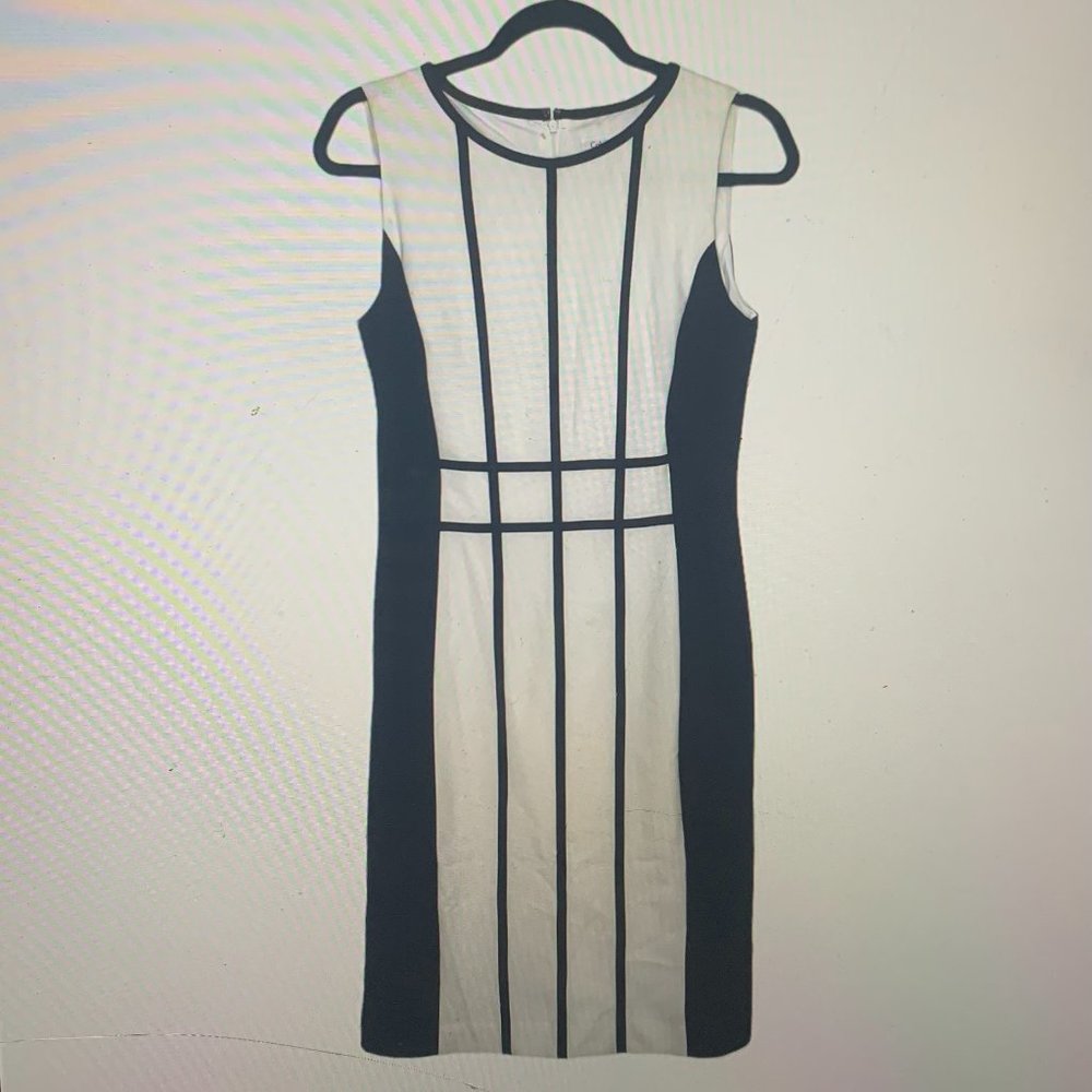 Calvin Klein White Black Stripe Sleeveless Sheath Dress Size 14